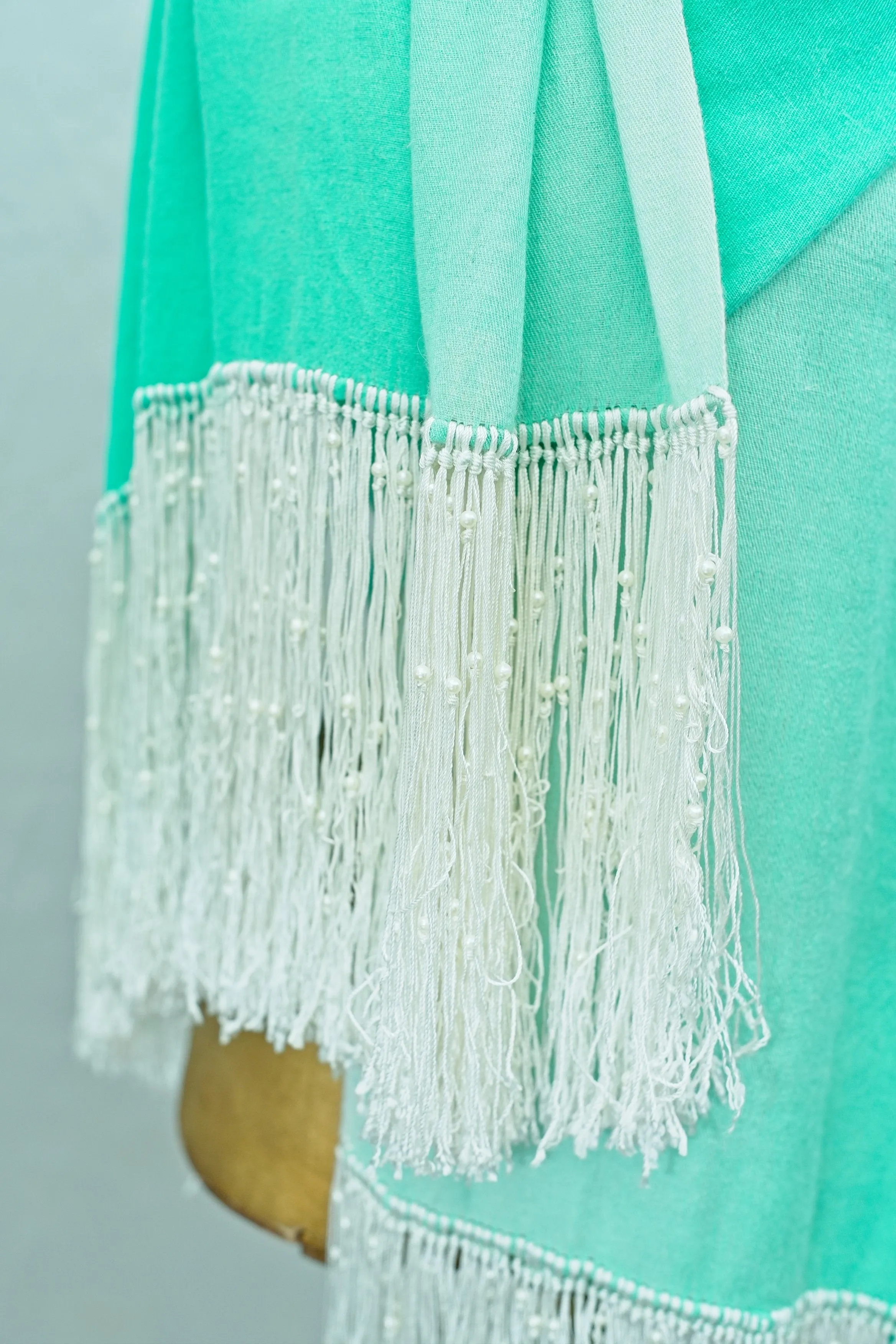 Very Long Turquoise Ombre Pashmina Shawl Scarf • Faux Pearls • Knotted Fringe