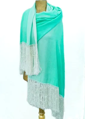 Very Long Turquoise Ombre Pashmina Shawl Scarf • Faux Pearls • Knotted Fringe