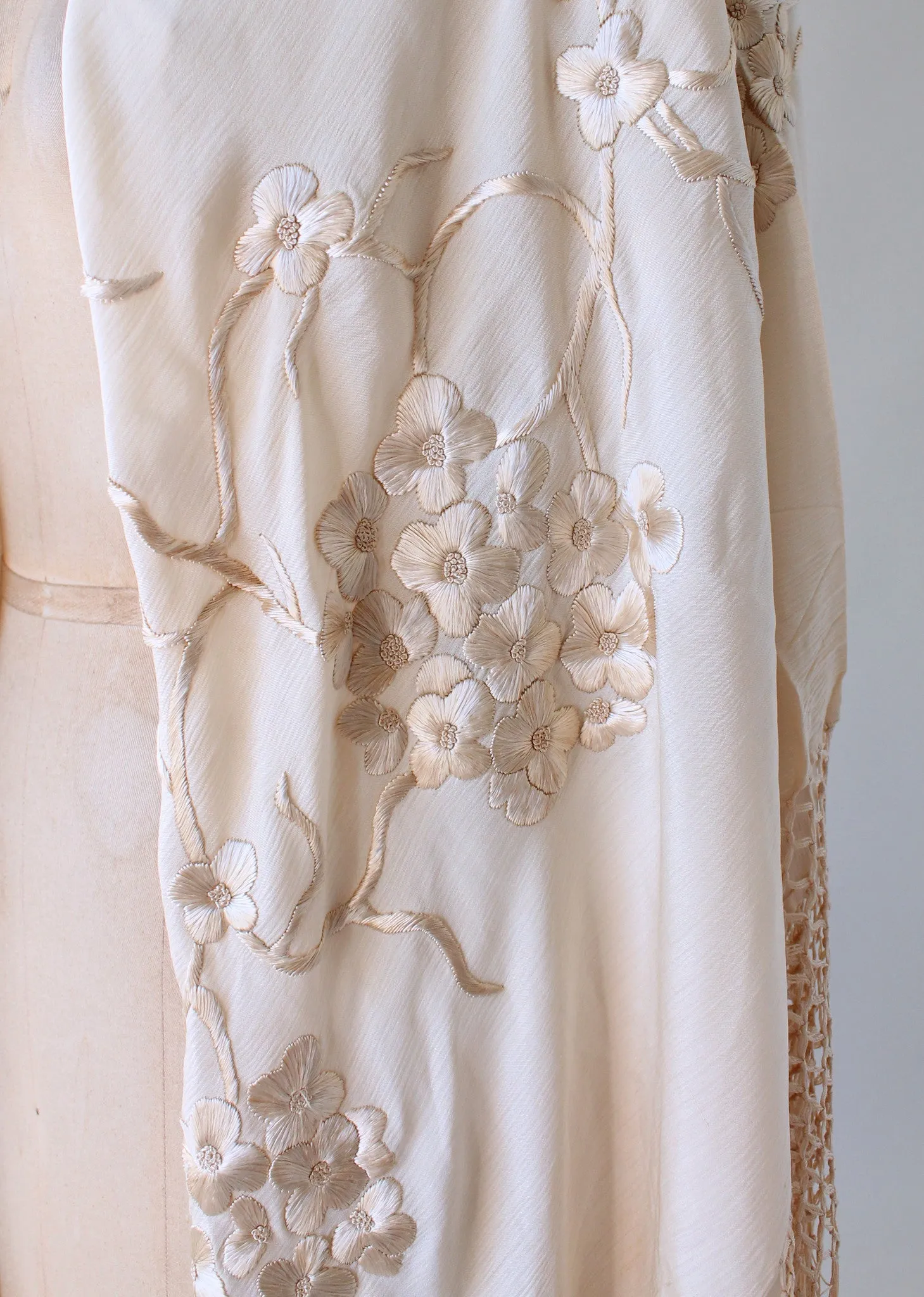 Vintage 1920s Embroidered Ivory Silk Shawl with Fringe