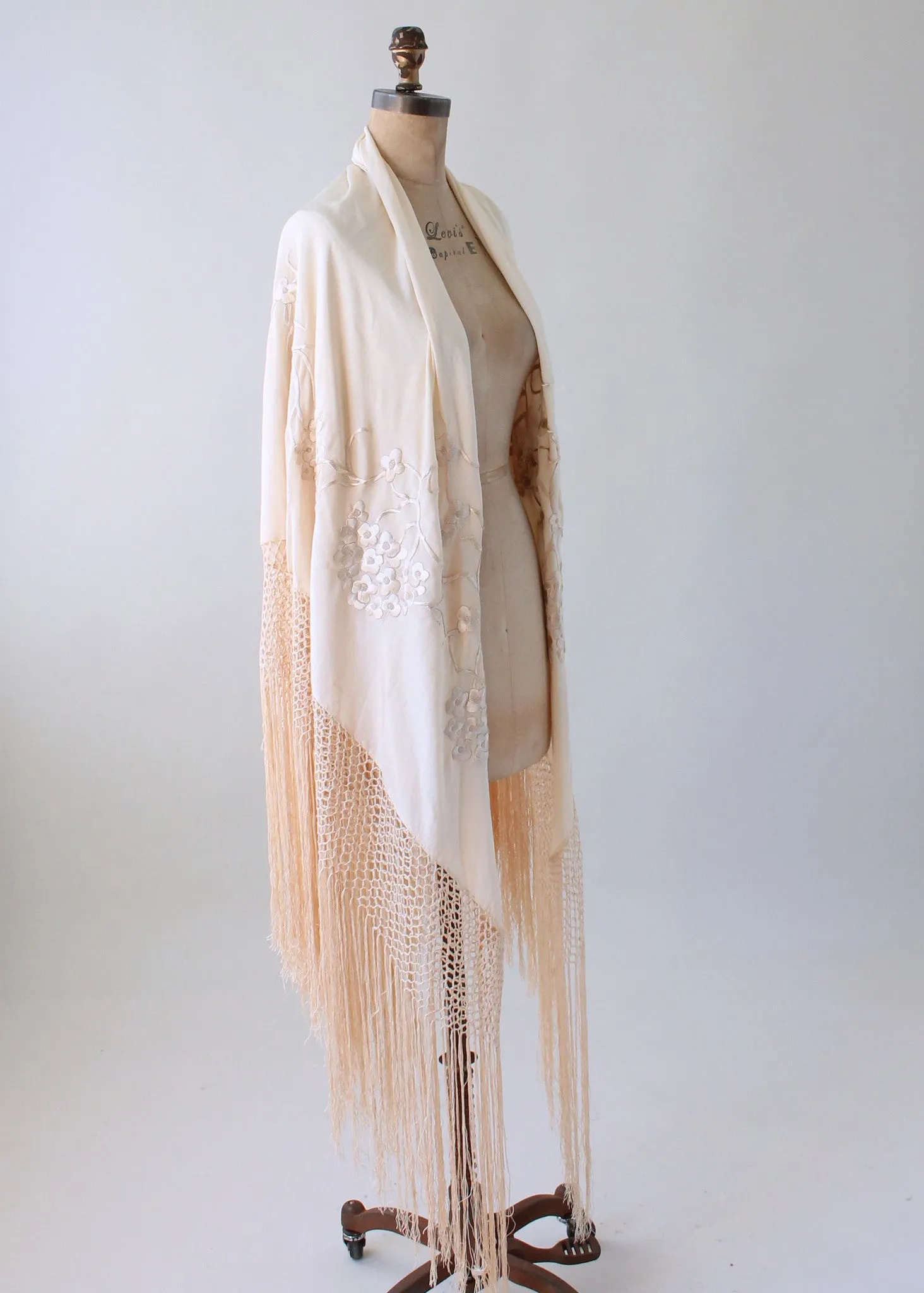 Vintage 1920s Embroidered Ivory Silk Shawl with Fringe