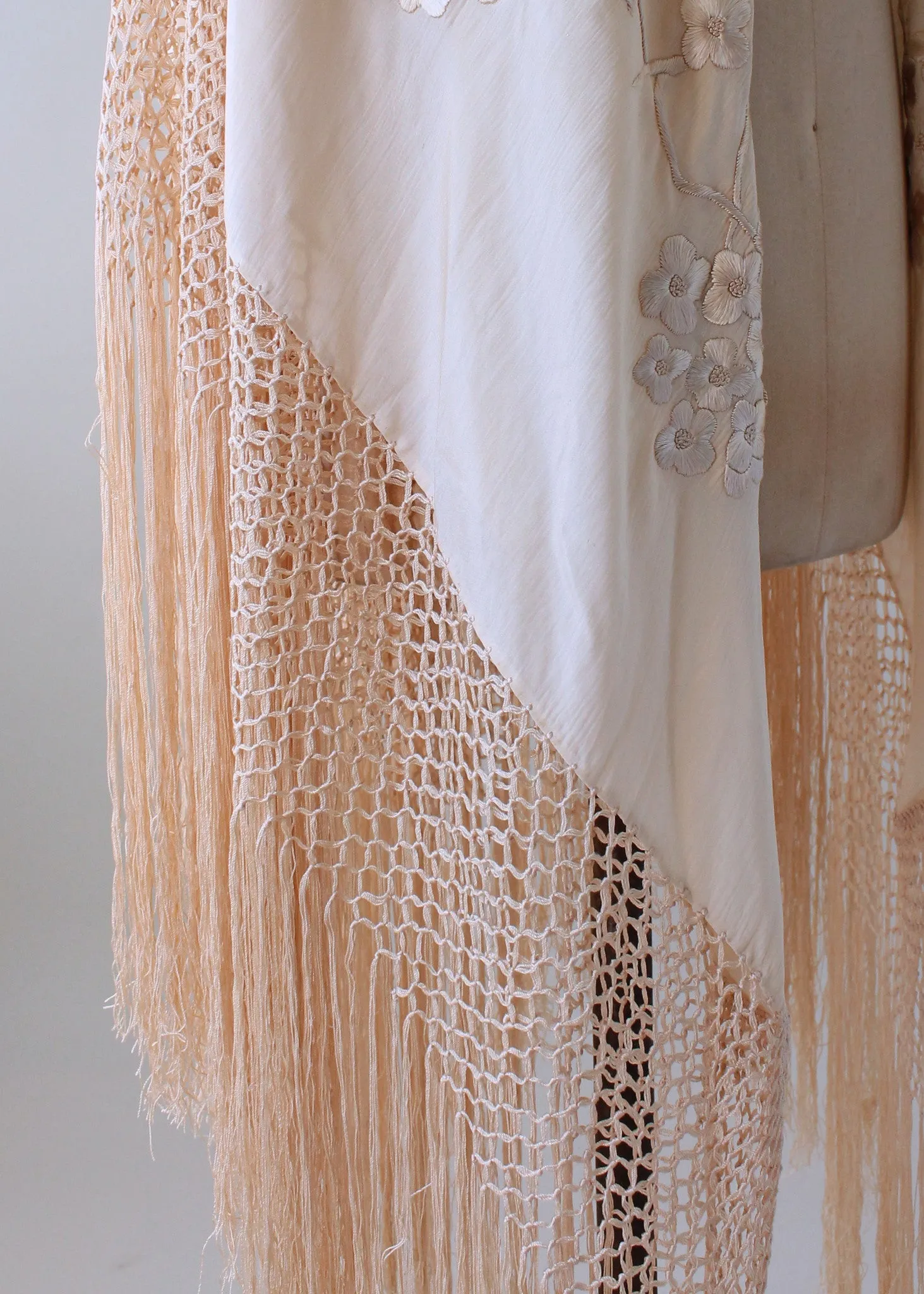 Vintage 1920s Embroidered Ivory Silk Shawl with Fringe