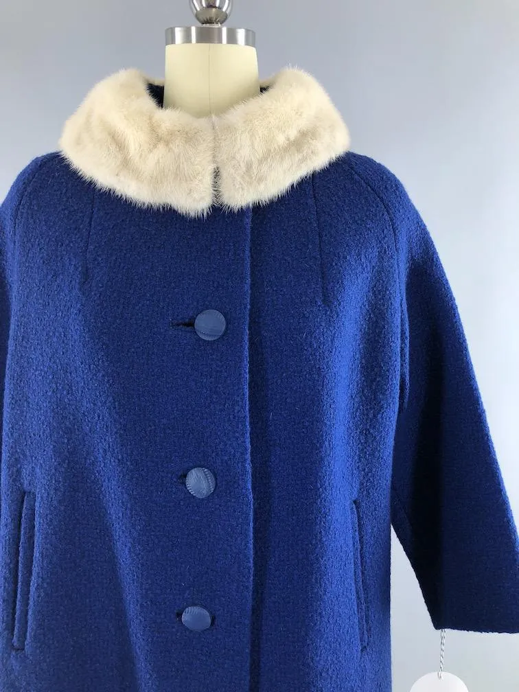 Vintage 1960s Blue Coat with White Mink Fur Collar