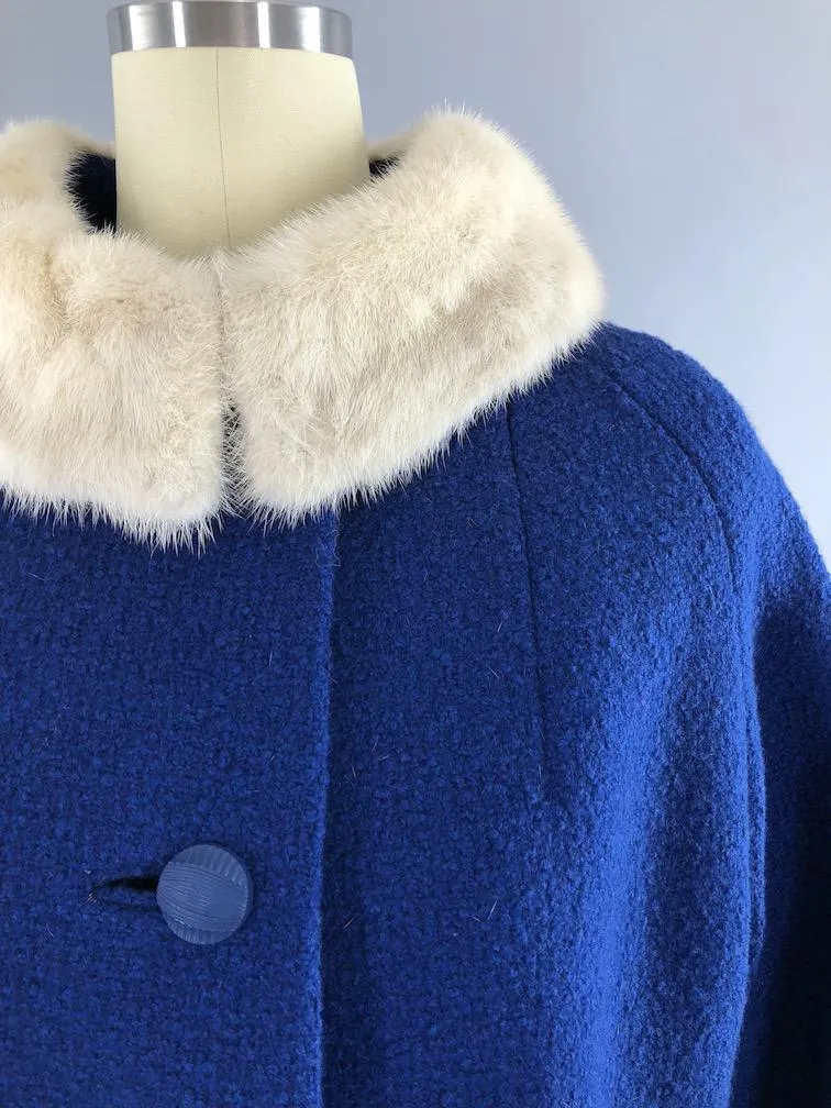 Vintage 1960s Blue Coat with White Mink Fur Collar