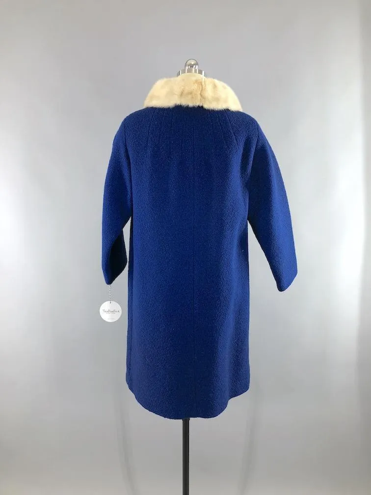 Vintage 1960s Blue Coat with White Mink Fur Collar