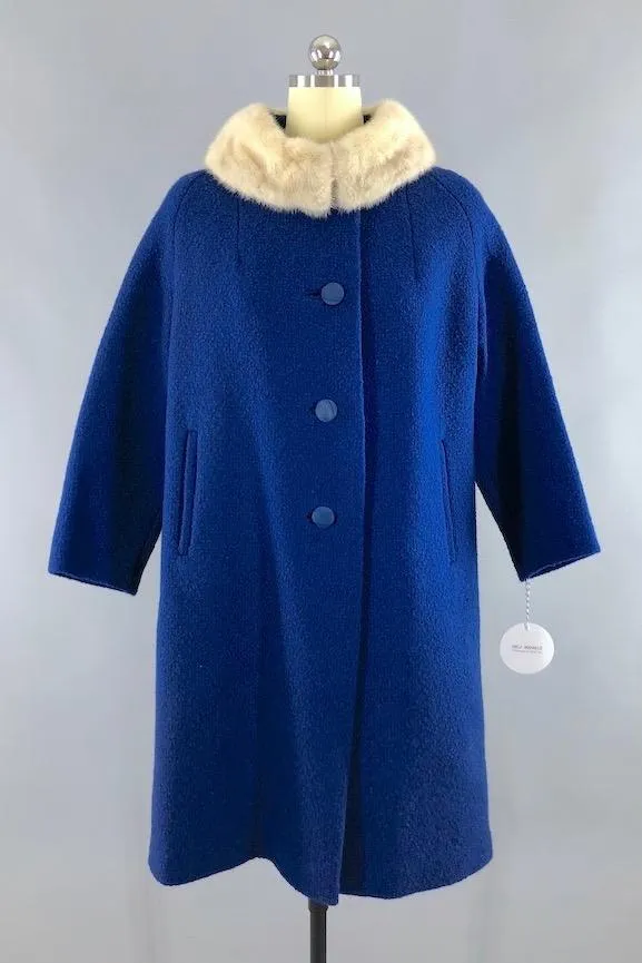 Vintage 1960s Blue Coat with White Mink Fur Collar