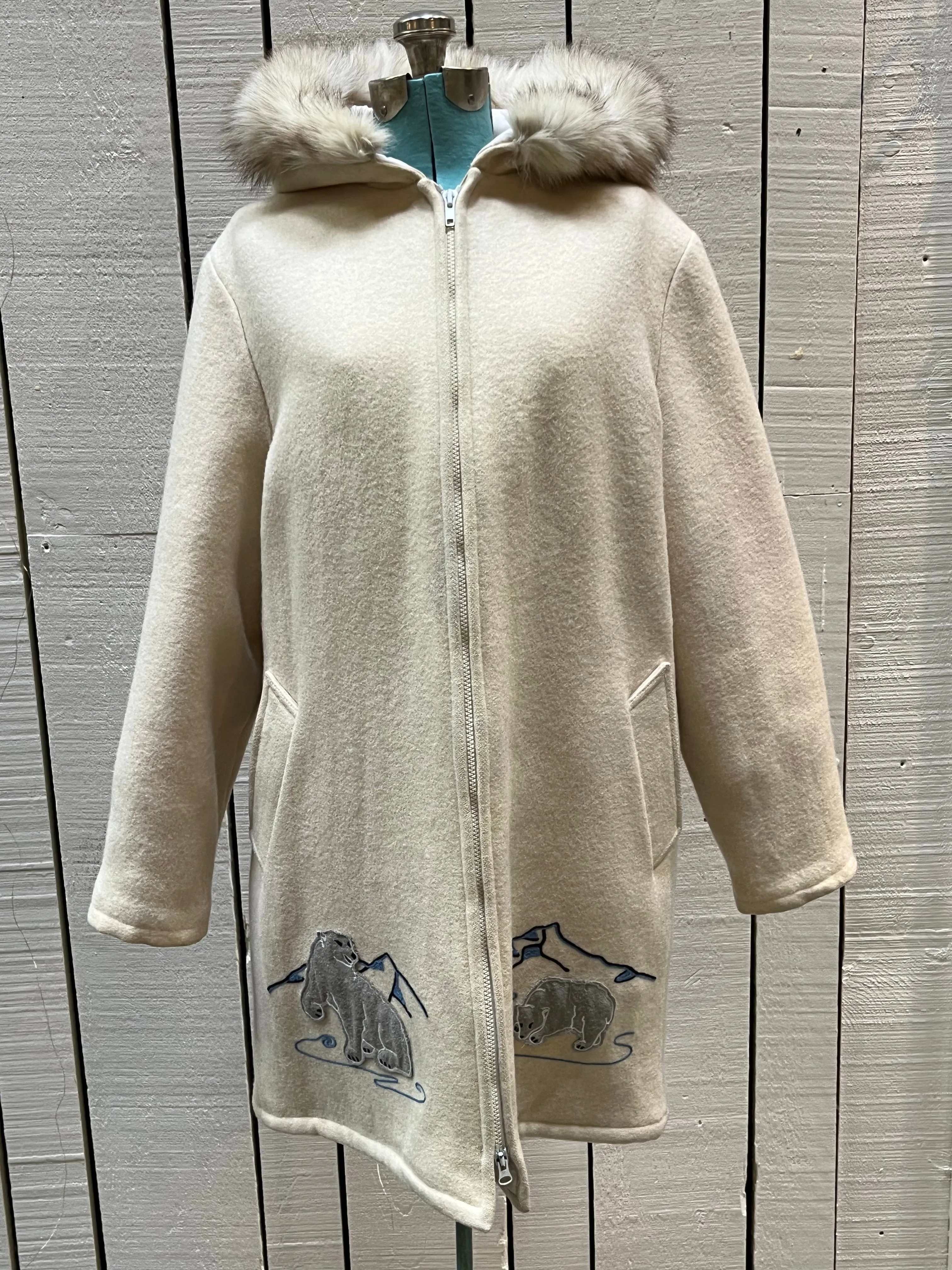 Vintage Gemini Fashions White Wool Northern Parka with Fox Fur Trimmed Hood and Hand Embroidered Details, Made in Canada, Chest 44”