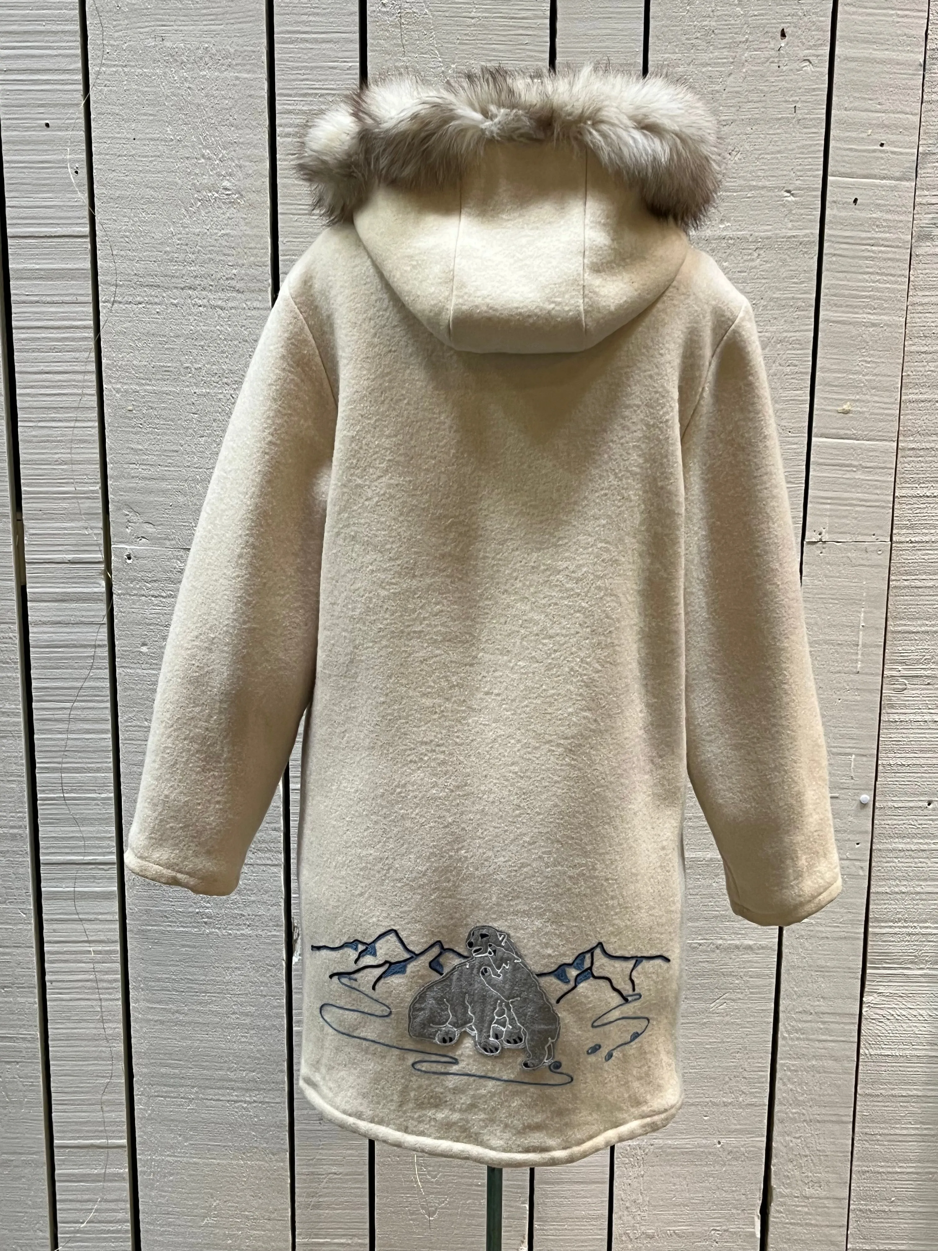 Vintage Gemini Fashions White Wool Northern Parka with Fox Fur Trimmed Hood and Hand Embroidered Details, Made in Canada, Chest 44”