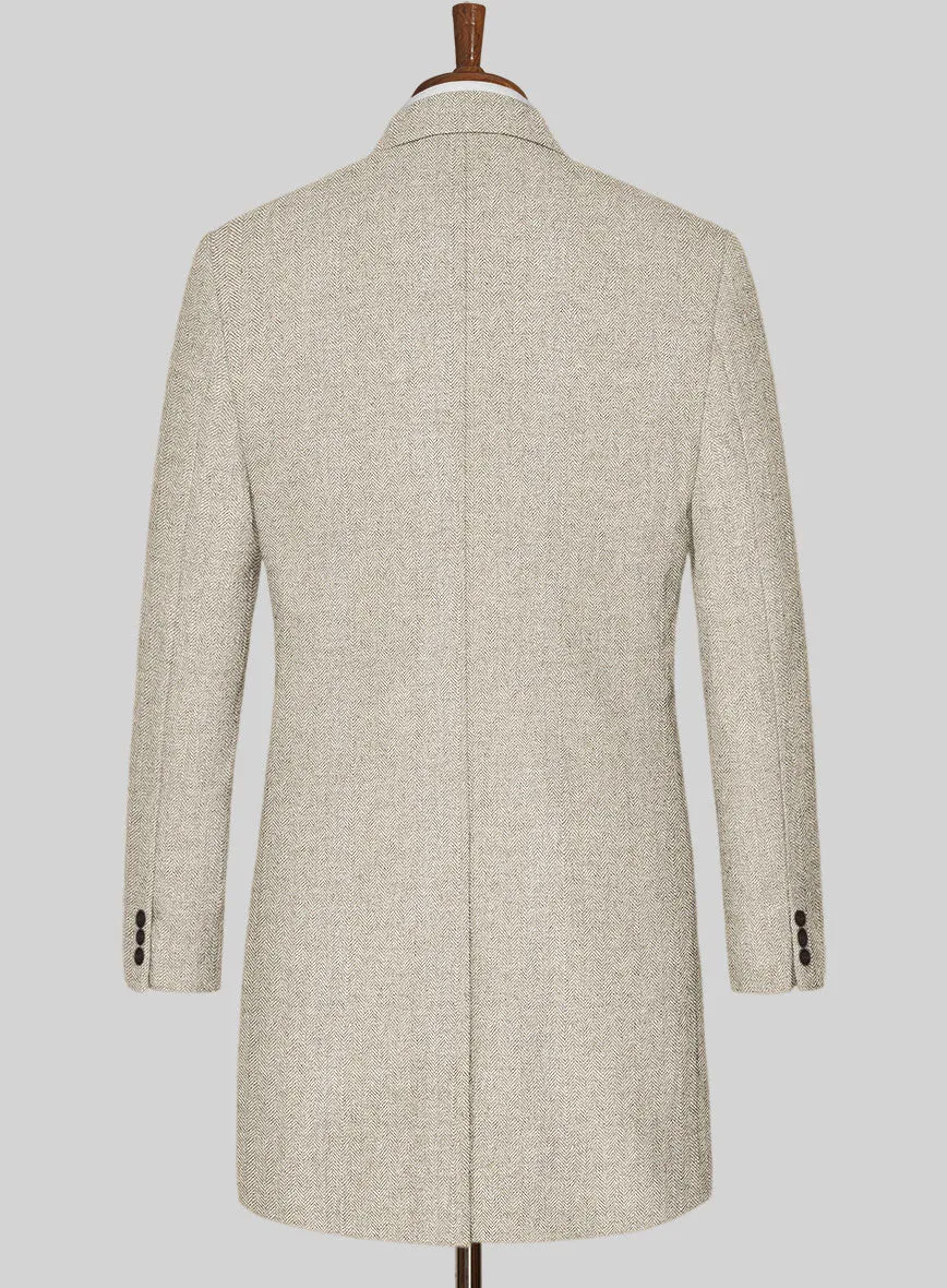 Vintage Herringbone Light Beige Tweed Overcoat