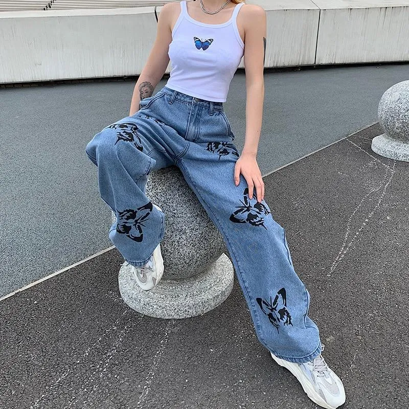 Vintage Jeans Woman Long Trousers Loose Butterfly Print Pants