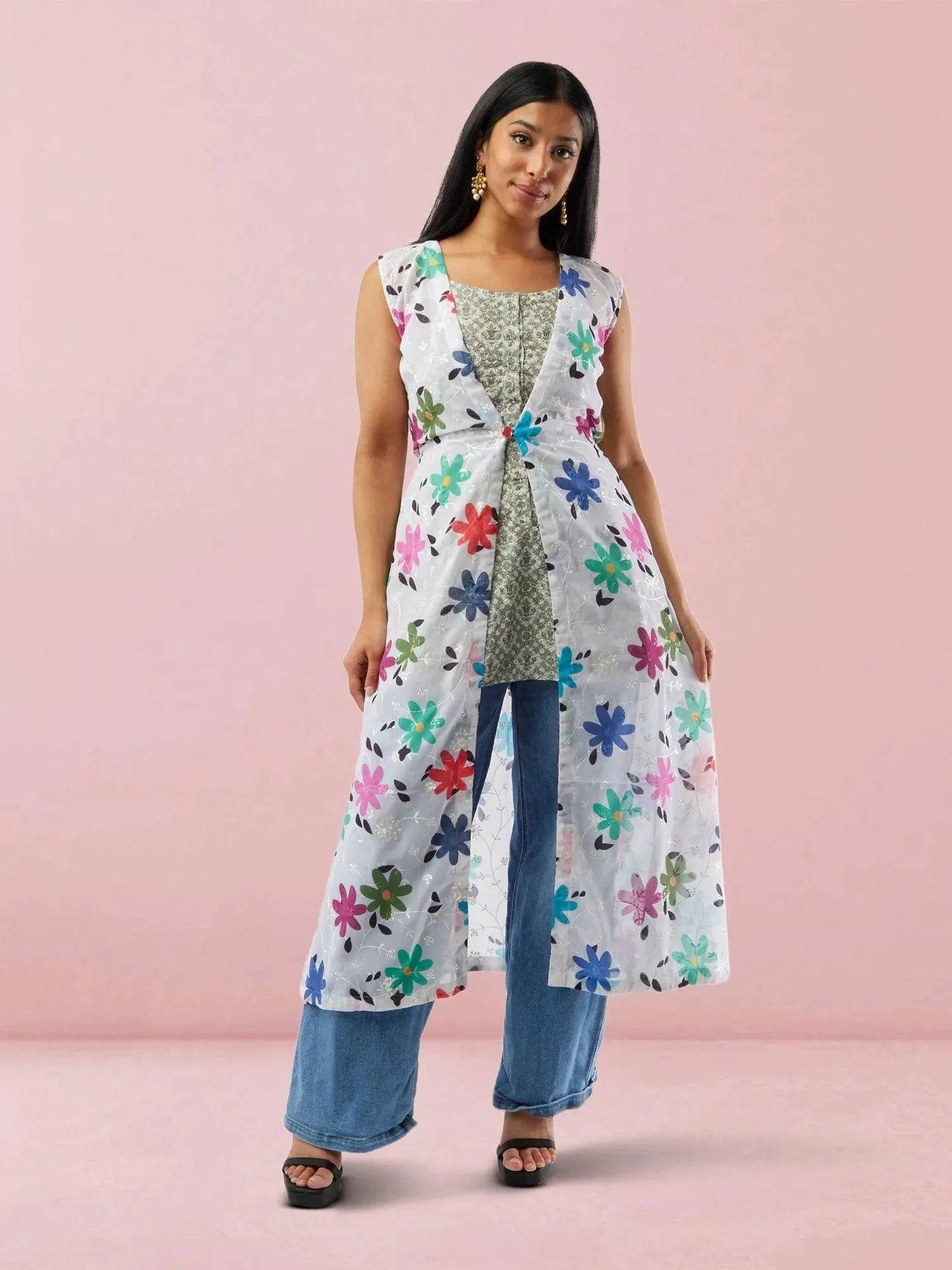 White Floral Print Chiffon Below Knee Length Overcoat | Indo Western Dress