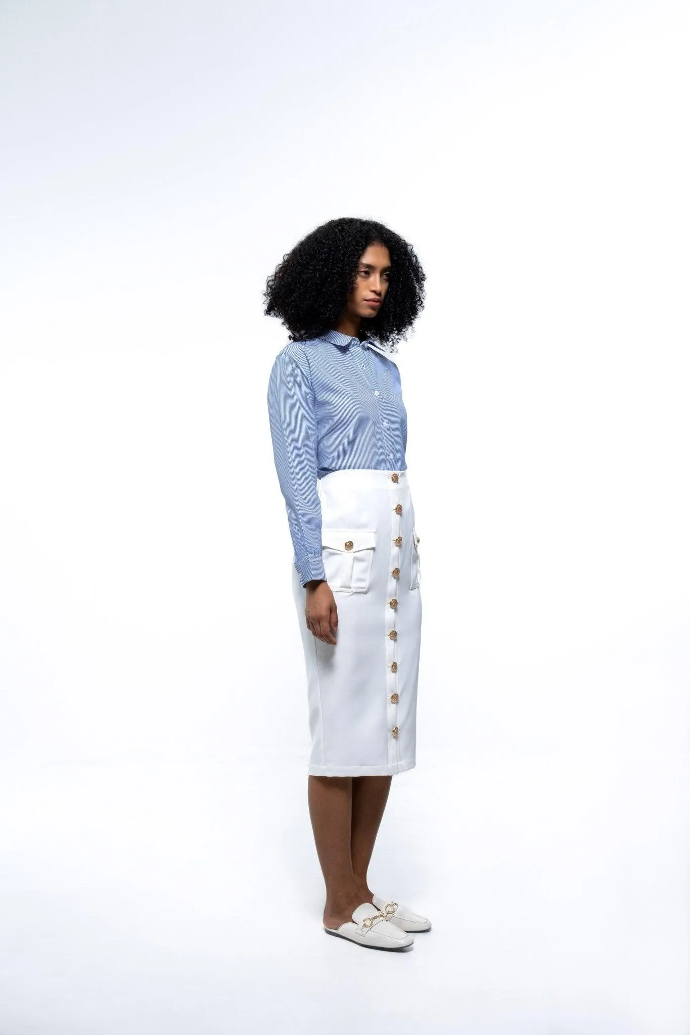 WHITE KNEE LENGTH PENCIL SKIRT WITH POCKETS