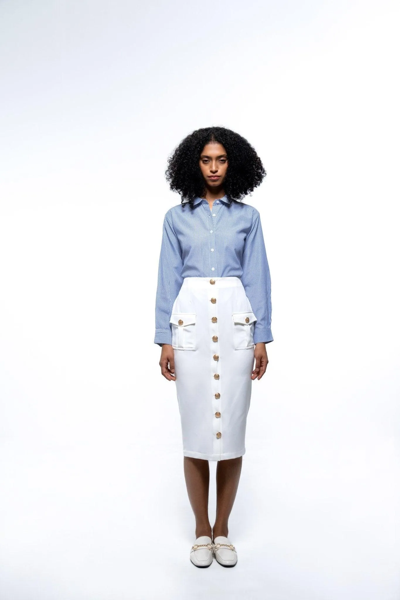 WHITE KNEE LENGTH PENCIL SKIRT WITH POCKETS