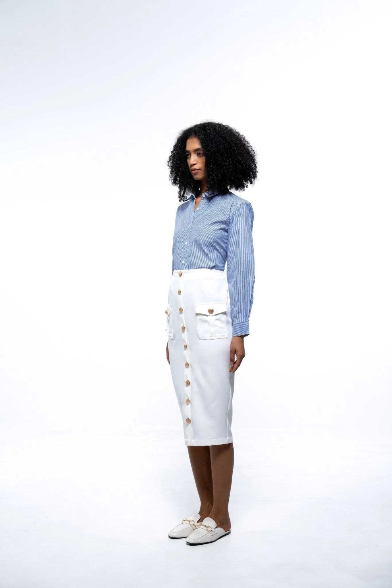 WHITE KNEE LENGTH PENCIL SKIRT WITH POCKETS