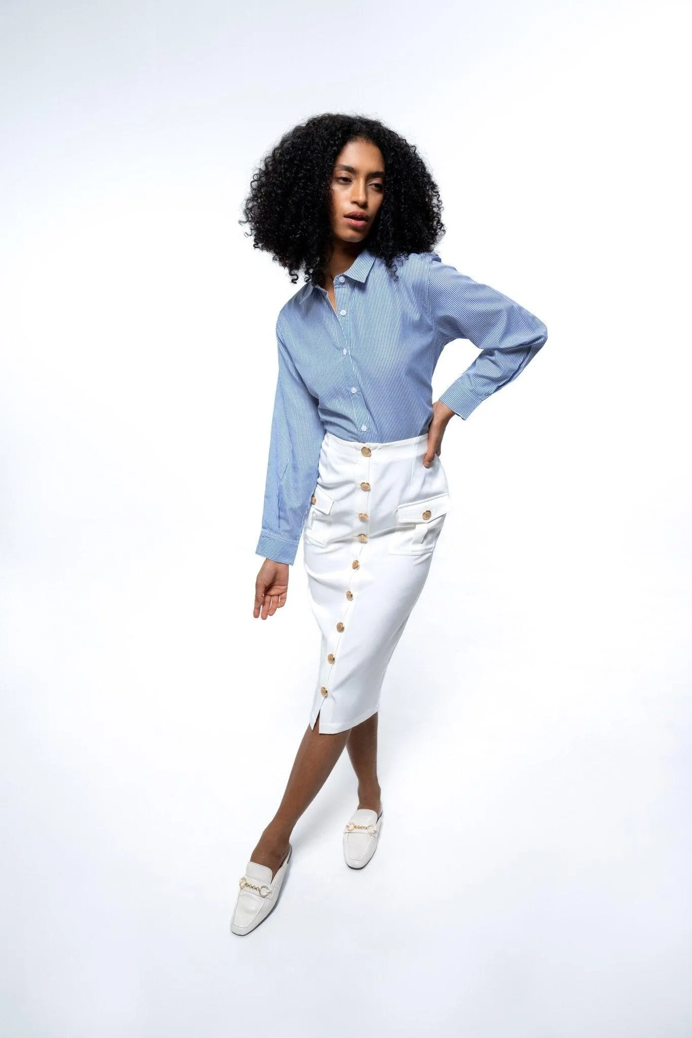 WHITE KNEE LENGTH PENCIL SKIRT WITH POCKETS