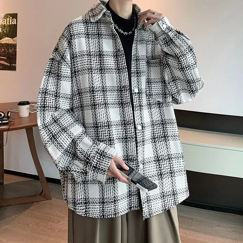 Wiaofellas  -  guys clothing style Men's Light Luxury Harajuku Texture Plaid Shirt Jacket Leisure Fashion Long Sleeve Korean Popular Button-down Premium Coat