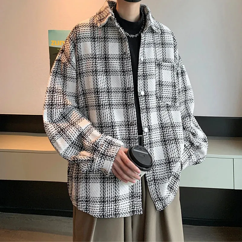 Wiaofellas  -  guys clothing style Men's Light Luxury Harajuku Texture Plaid Shirt Jacket Leisure Fashion Long Sleeve Korean Popular Button-down Premium Coat