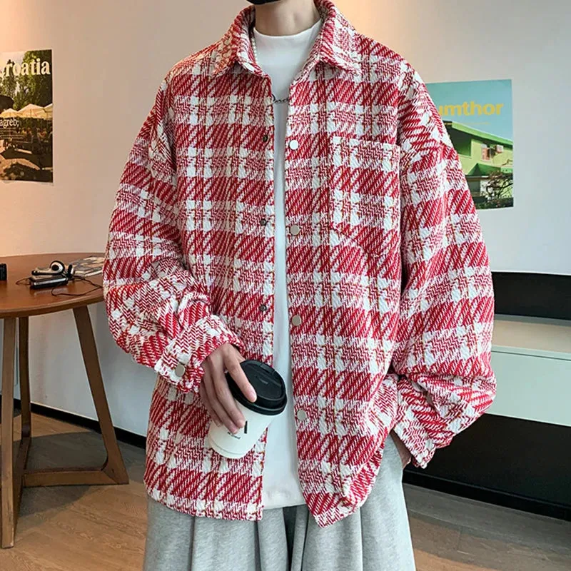 Wiaofellas  -  guys clothing style Men's Light Luxury Harajuku Texture Plaid Shirt Jacket Leisure Fashion Long Sleeve Korean Popular Button-down Premium Coat