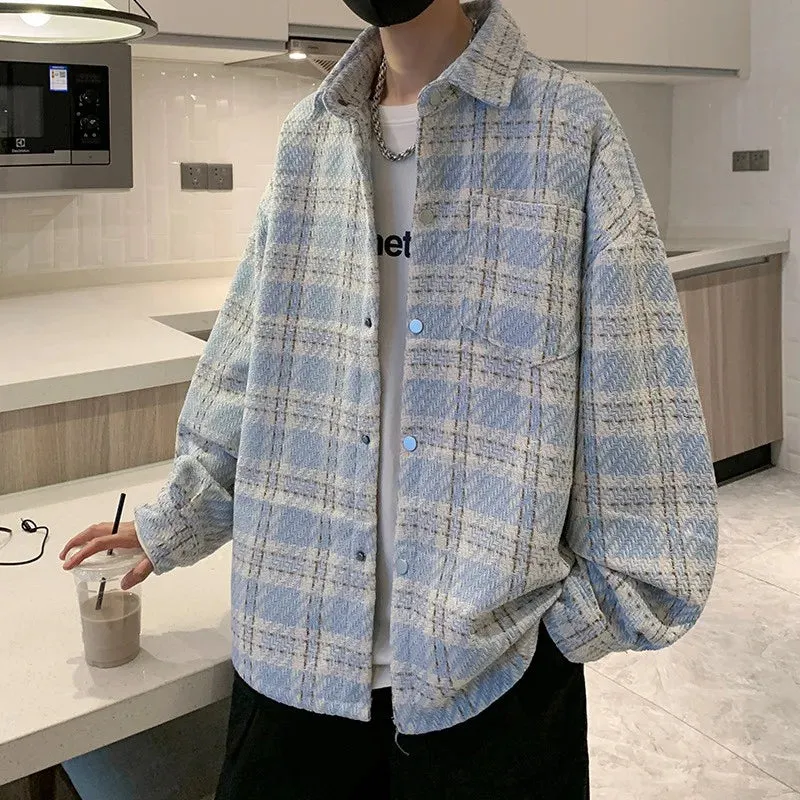 Wiaofellas  -  guys clothing style Men's Light Luxury Harajuku Texture Plaid Shirt Jacket Leisure Fashion Long Sleeve Korean Popular Button-down Premium Coat