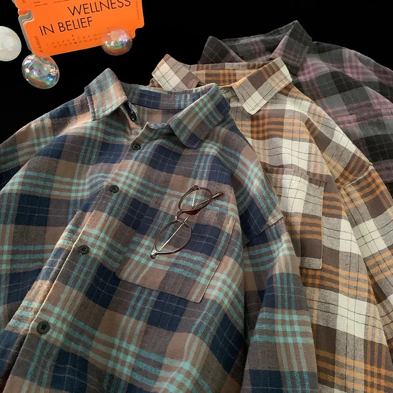 WIAOFELLAS  -  Korean Street Plaid Shirt Coat Men's Long Sleeve Turn Down Collar Casual Shirts Vintage College Style Unisex Fashion Clothing