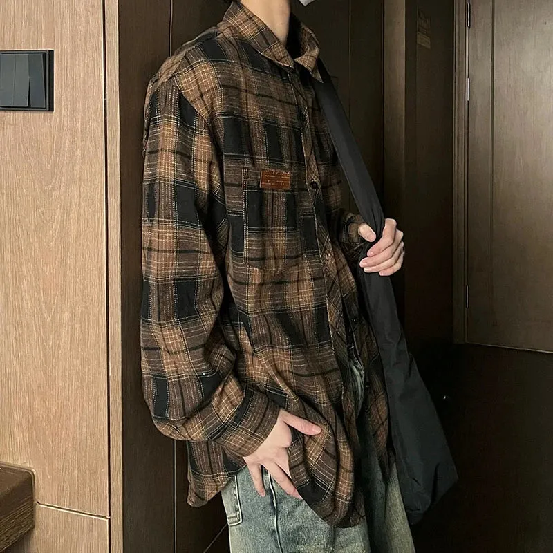 Wiaofellas  -  New Retro Plaid Printed Men's Outwear Casual Long Sleeve Button Shirt Coat Autumn Turn Down Collar Oversize Shirts Outwear