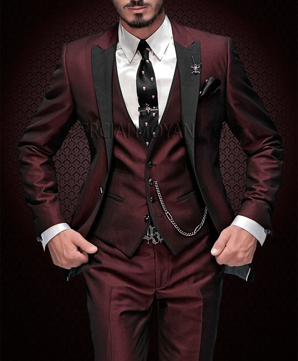 Wjczt Men  Winter Outfits New Arrival Peak Black Lapel Groom Tuxedos Burgundy Men Suits Wedding 3 Pieces(Jacket Pant Vest Tie)traje de novio par