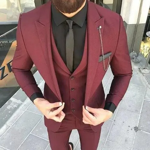 Wjczt Men  Winter Outfits New Arrival Peak Black Lapel Groom Tuxedos Burgundy Men Suits Wedding 3 Pieces(Jacket Pant Vest Tie)traje de novio par