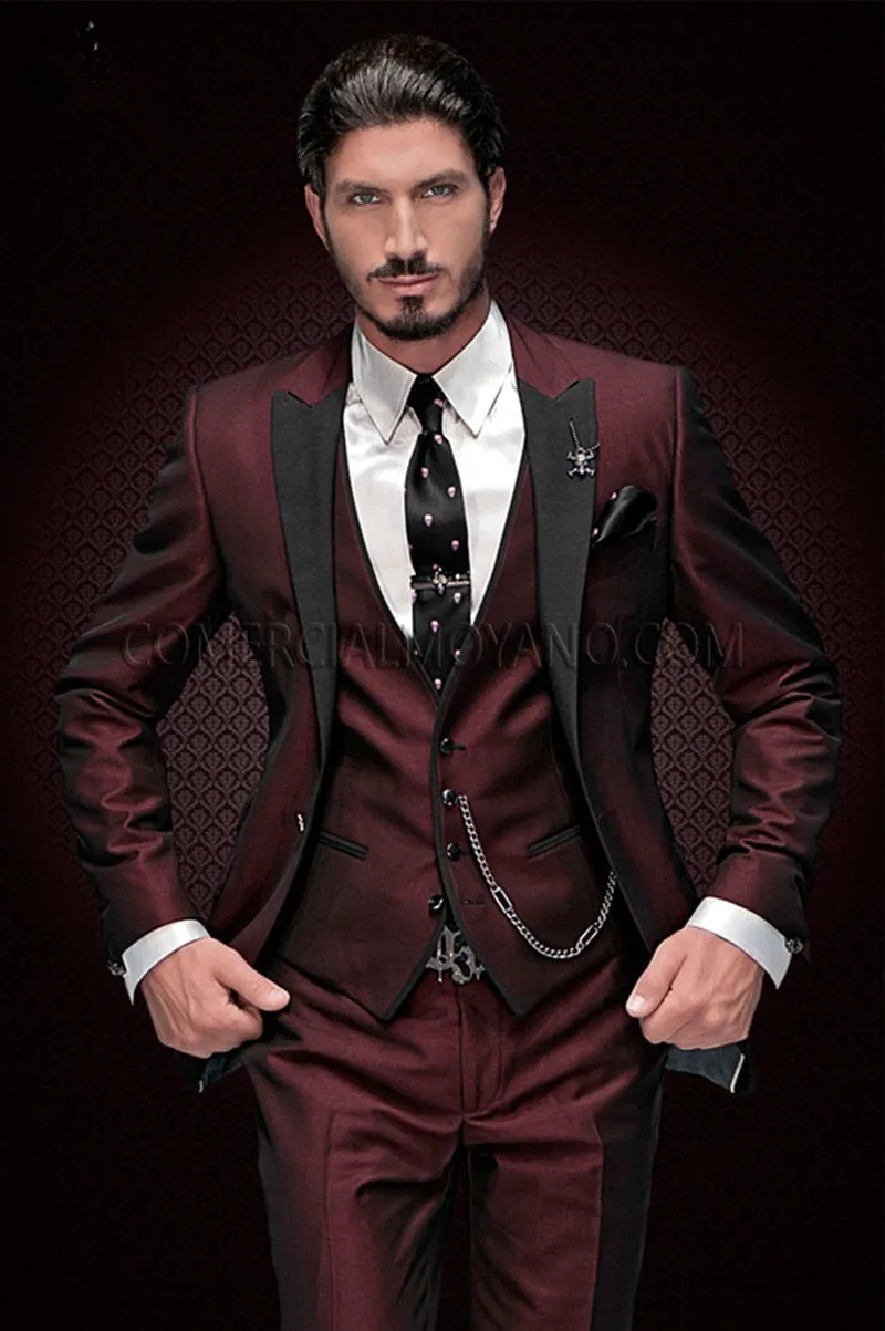 Wjczt Men  Winter Outfits New Arrival Peak Black Lapel Groom Tuxedos Burgundy Men Suits Wedding 3 Pieces(Jacket Pant Vest Tie)traje de novio par