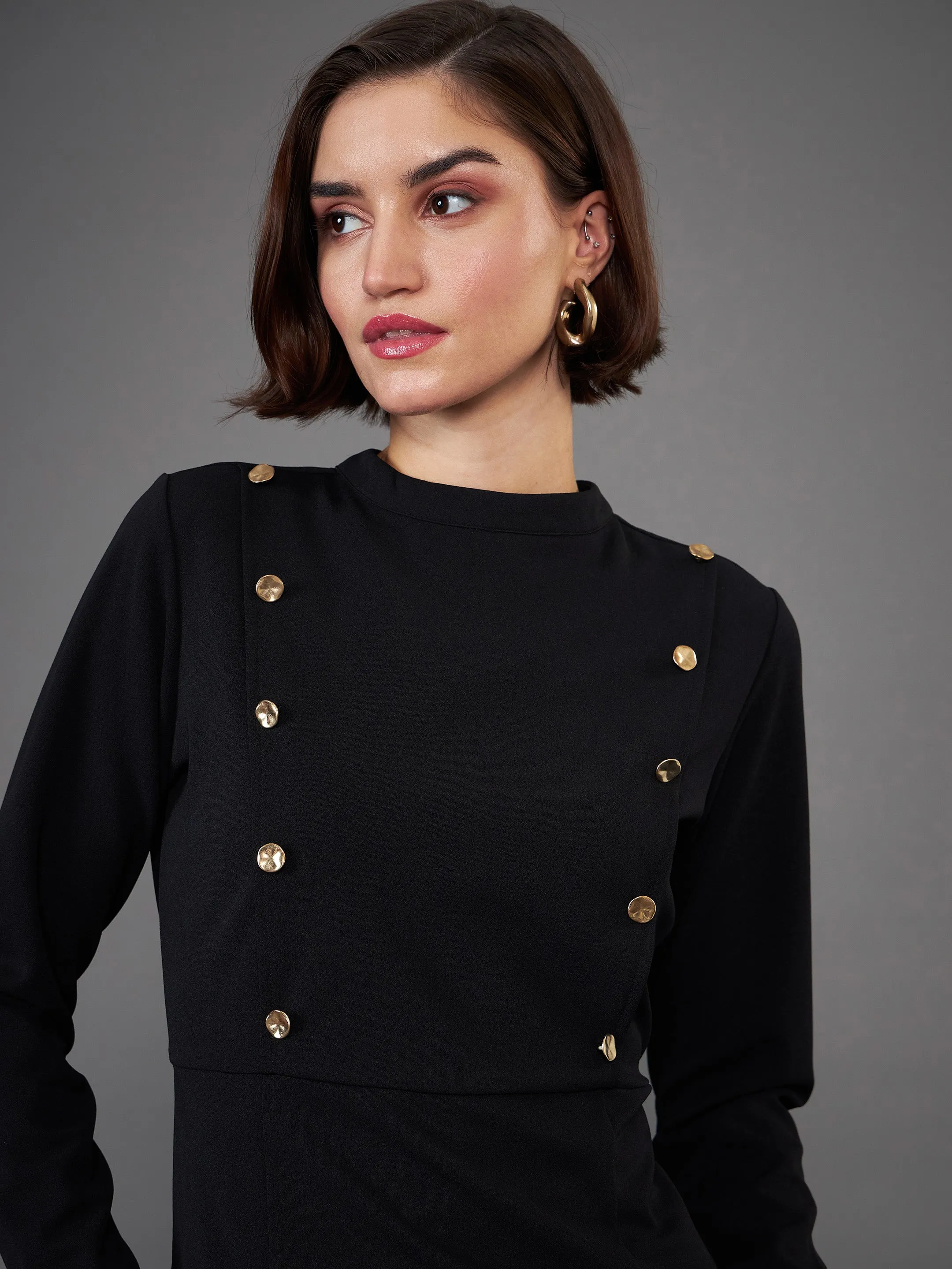 Women Black Button Yoke Belted Midi Dress