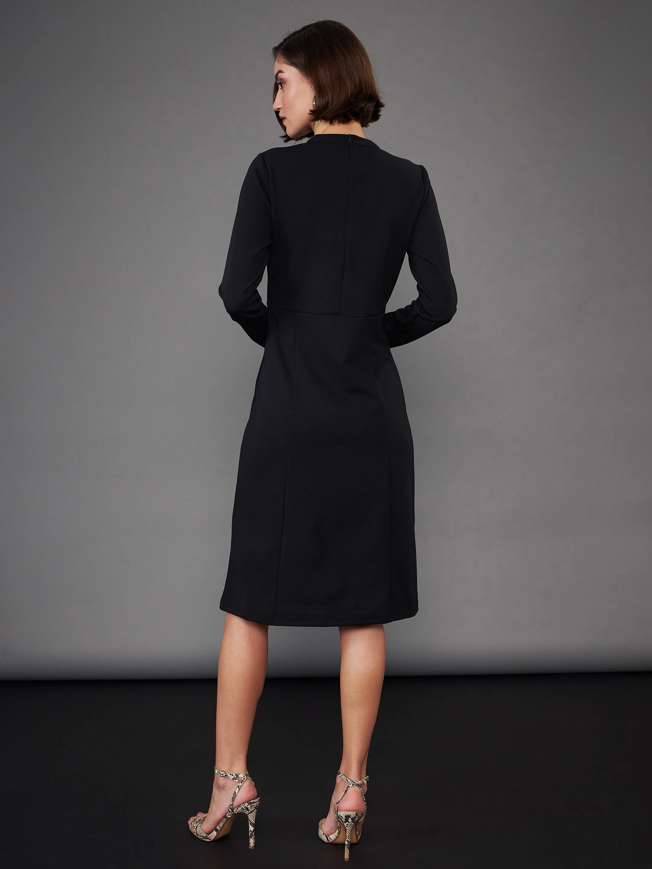 Women Black Button Yoke Belted Midi Dress