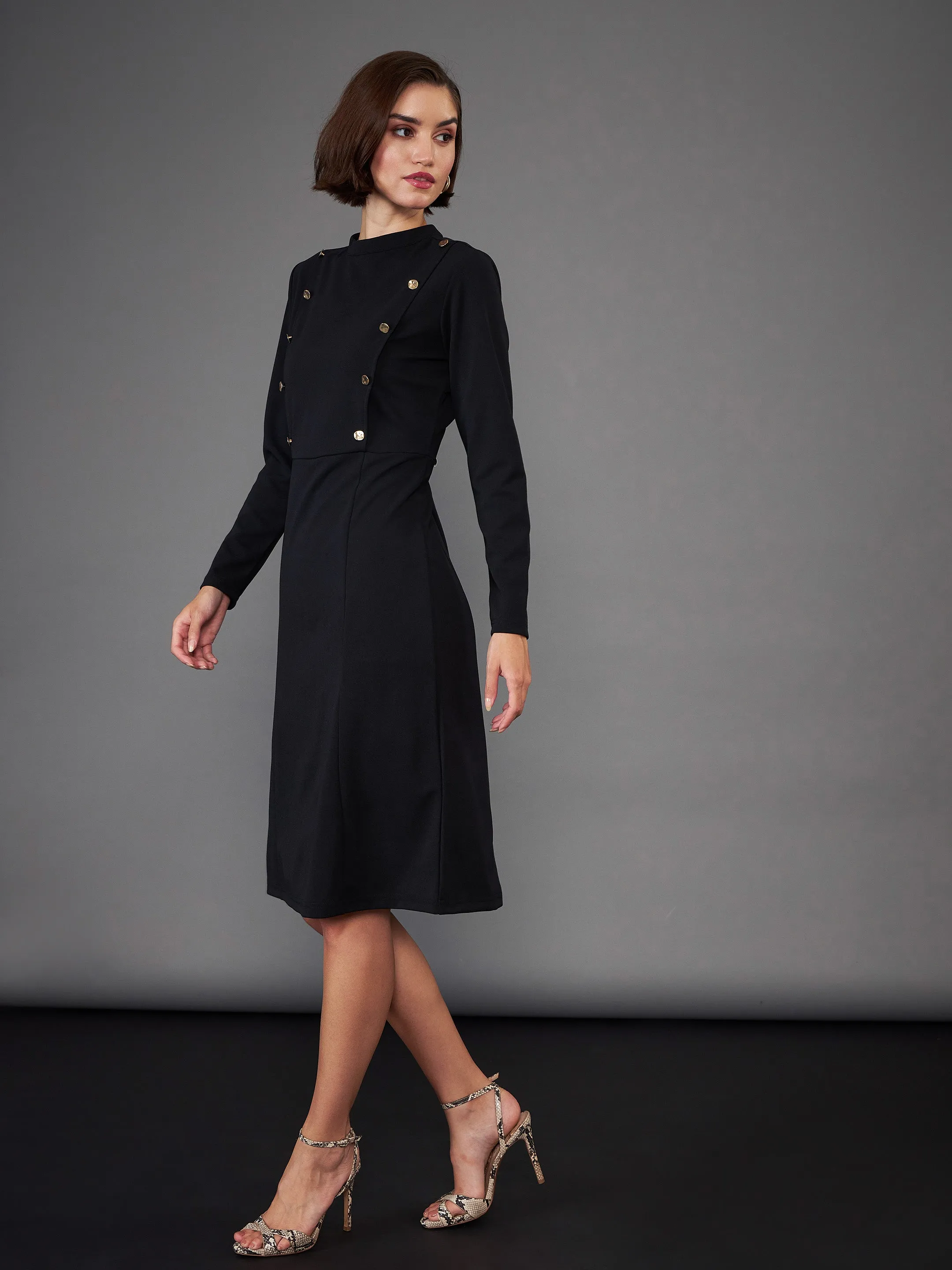 Women Black Button Yoke Belted Midi Dress