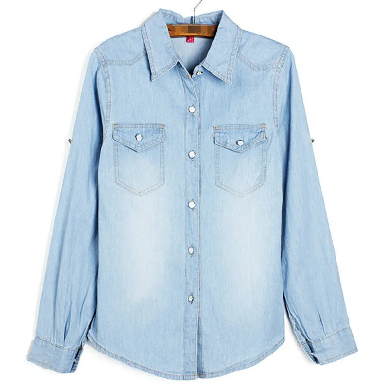 Women Cotton Boyfriend Lapel Long Sleeve Button Down Denim Jean Shirt Blouse Top