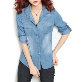 Women Cotton Boyfriend Lapel Long Sleeve Button Down Denim Jean Shirt Blouse Top