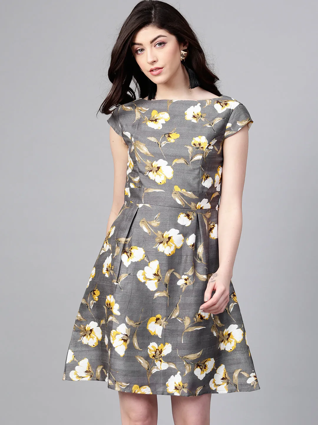 Women Grey Floral Silk A-Line Dress