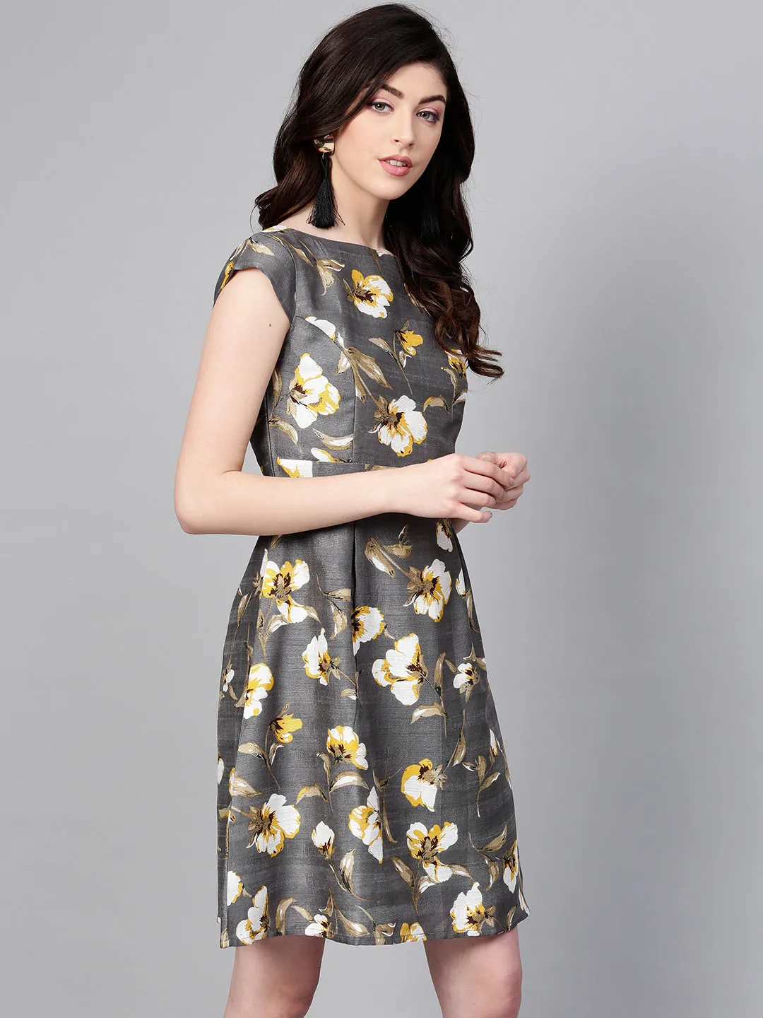 Women Grey Floral Silk A-Line Dress