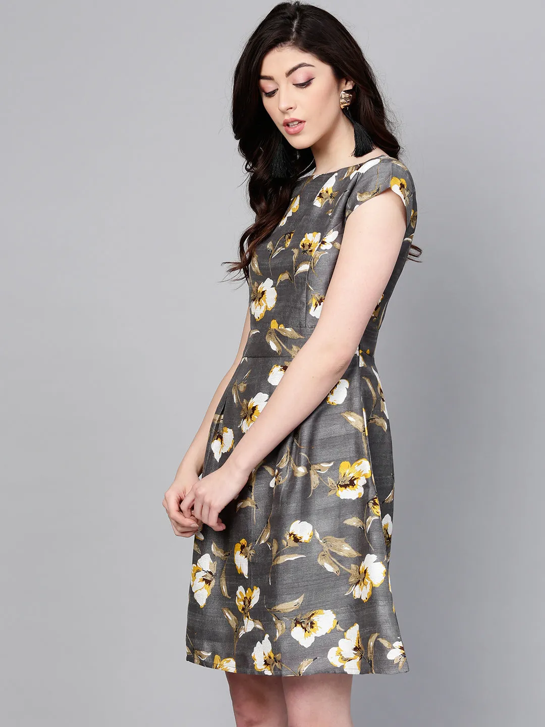 Women Grey Floral Silk A-Line Dress