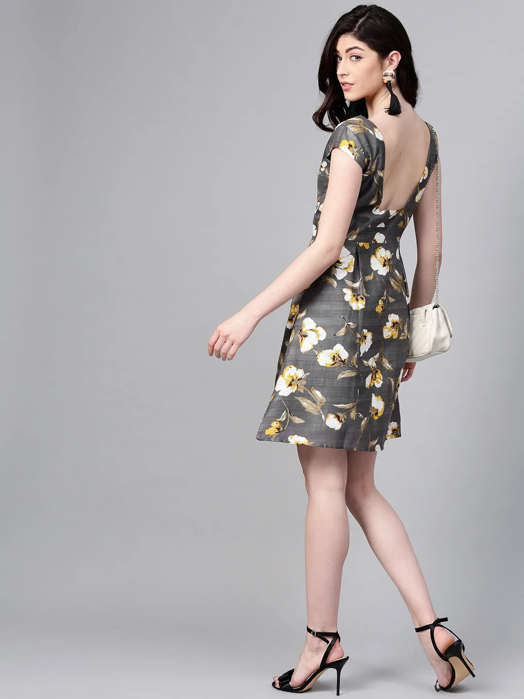 Women Grey Floral Silk A-Line Dress