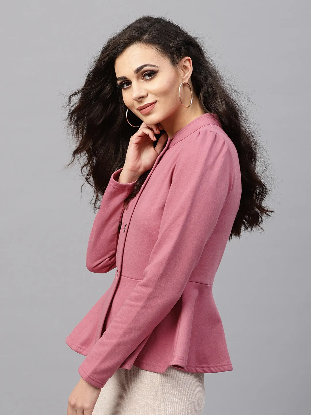 Women Pink Fleece Peplum Jacket