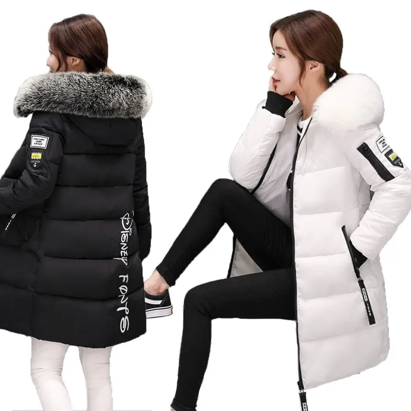 Women Winter Outwear Korean Big Fur Collar Down Cotton Parka Women Slim Mid-Long Fashion Overcoat Warm Thick Wadded Jacket Coat