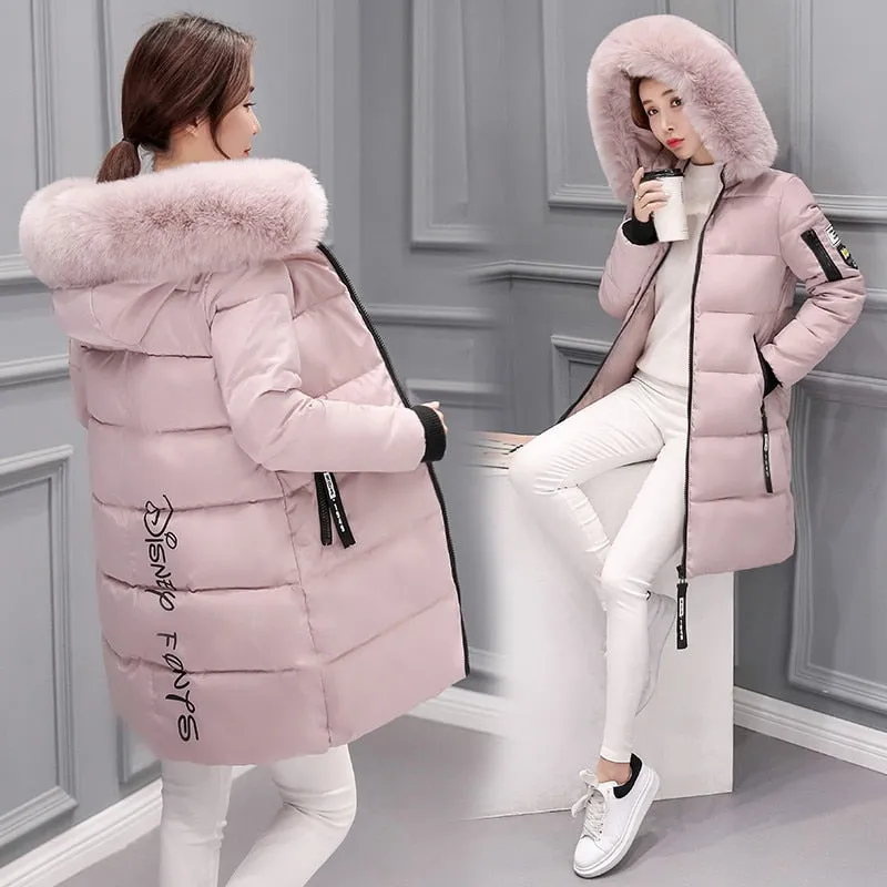 Women Winter Outwear Korean Big Fur Collar Down Cotton Parka Women Slim Mid-Long Fashion Overcoat Warm Thick Wadded Jacket Coat