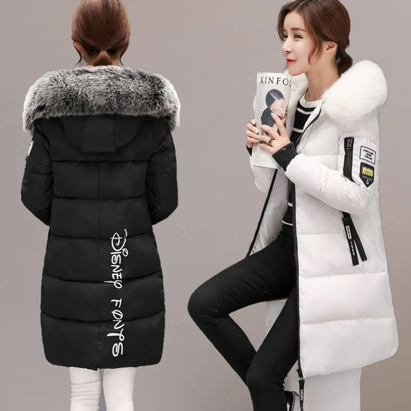 Women Winter Outwear Korean Big Fur Collar Down Cotton Parka Women Slim Mid-Long Fashion Overcoat Warm Thick Wadded Jacket Coat