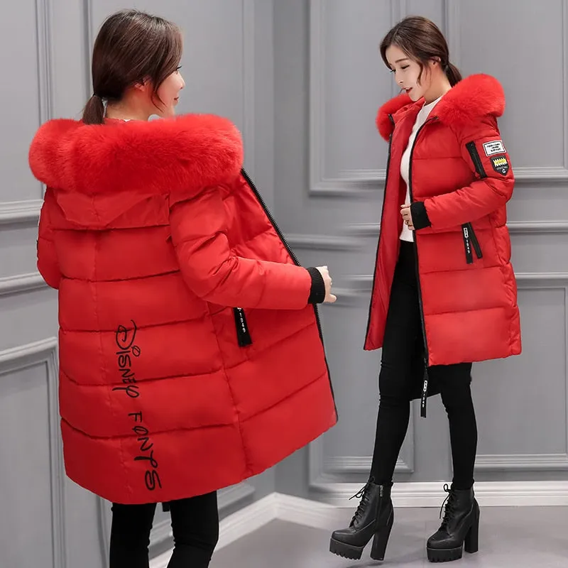 Women Winter Outwear Korean Big Fur Collar Down Cotton Parka Women Slim Mid-Long Fashion Overcoat Warm Thick Wadded Jacket Coat