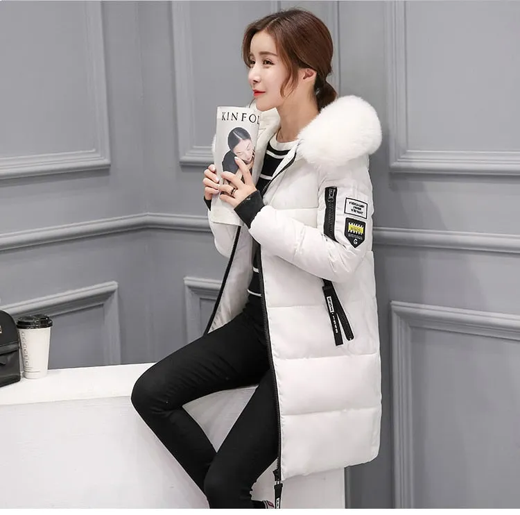 Women Winter Outwear Korean Big Fur Collar Down Cotton Parka Women Slim Mid-Long Fashion Overcoat Warm Thick Wadded Jacket Coat