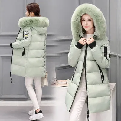 Women Winter Outwear Korean Big Fur Collar Down Cotton Parka Women Slim Mid-Long Fashion Overcoat Warm Thick Wadded Jacket Coat