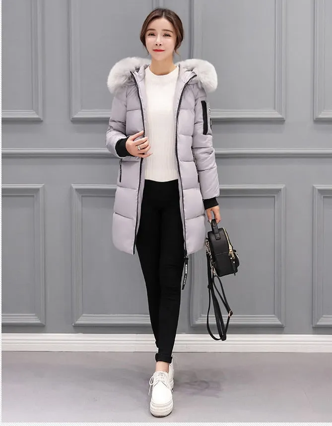 Women Winter Outwear Korean Big Fur Collar Down Cotton Parka Women Slim Mid-Long Fashion Overcoat Warm Thick Wadded Jacket Coat