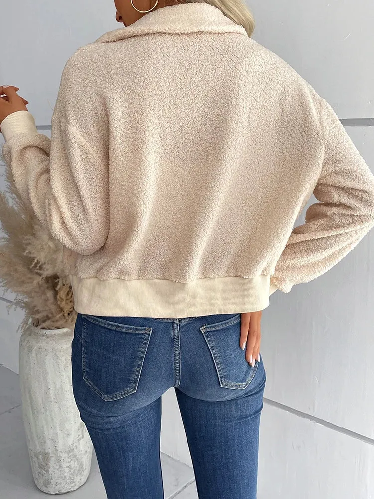 Women Winter Sherpa Lapel Collar Zipper Blouses Tops Casual Shirt Female Clothes Outwear Fashion Coat