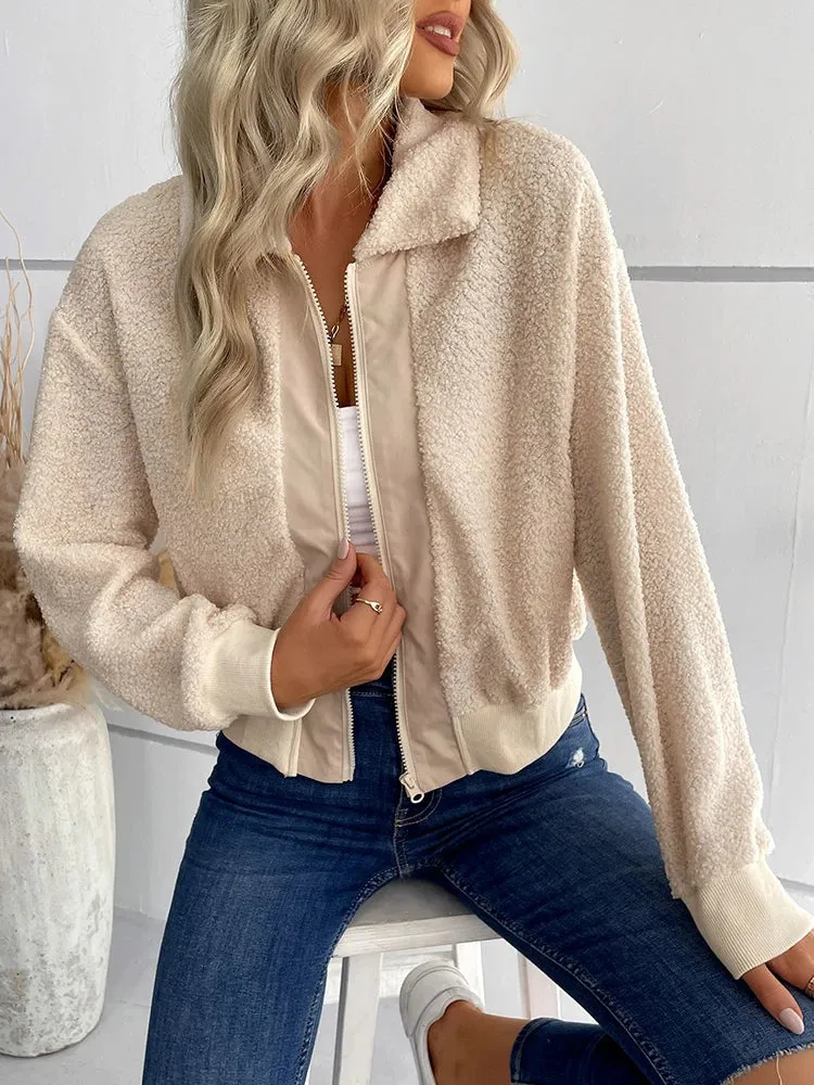 Women Winter Sherpa Lapel Collar Zipper Blouses Tops Casual Shirt Female Clothes Outwear Fashion Coat