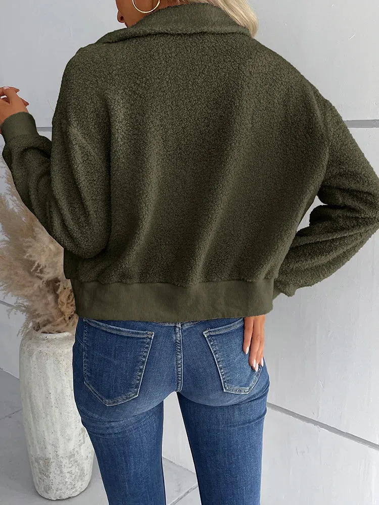 Women Winter Sherpa Lapel Collar Zipper Blouses Tops Casual Shirt Female Clothes Outwear Fashion Coat