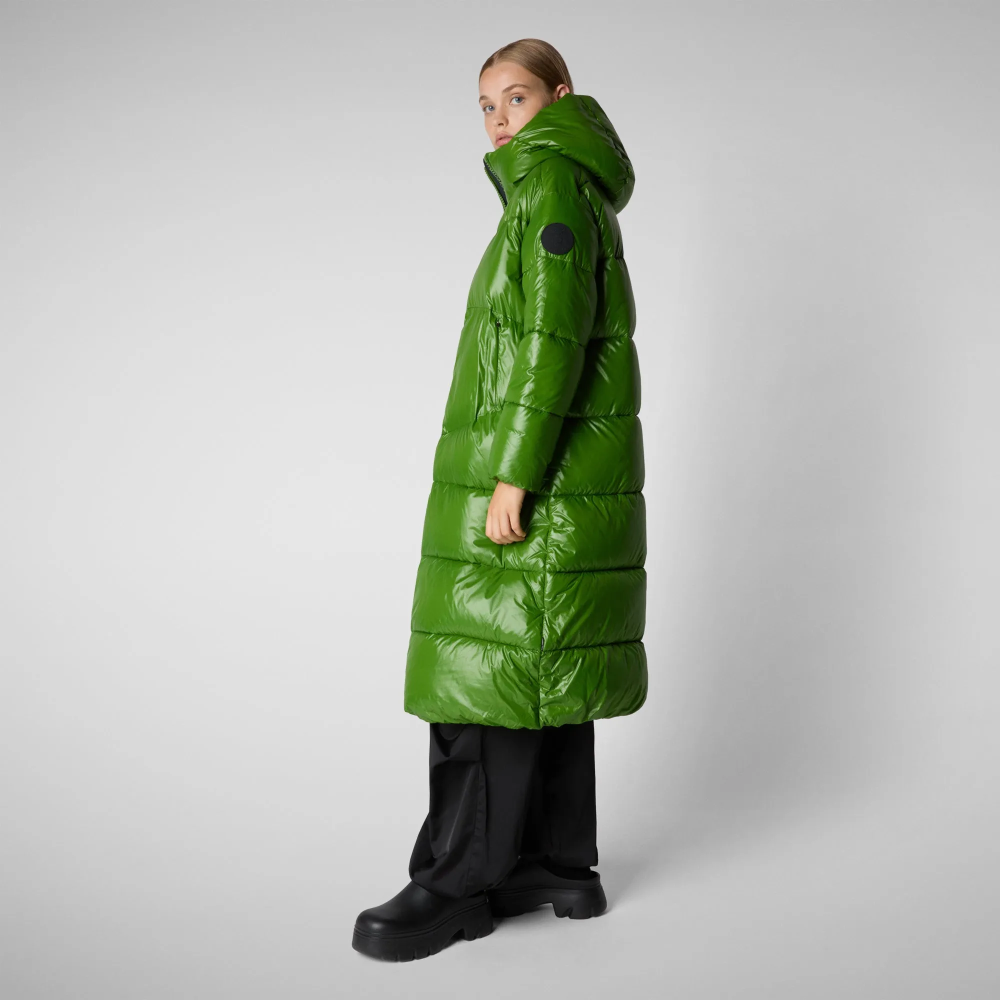 Women's animal free hooded Animal free Puffer jacket Clarice in GRASS GREEN