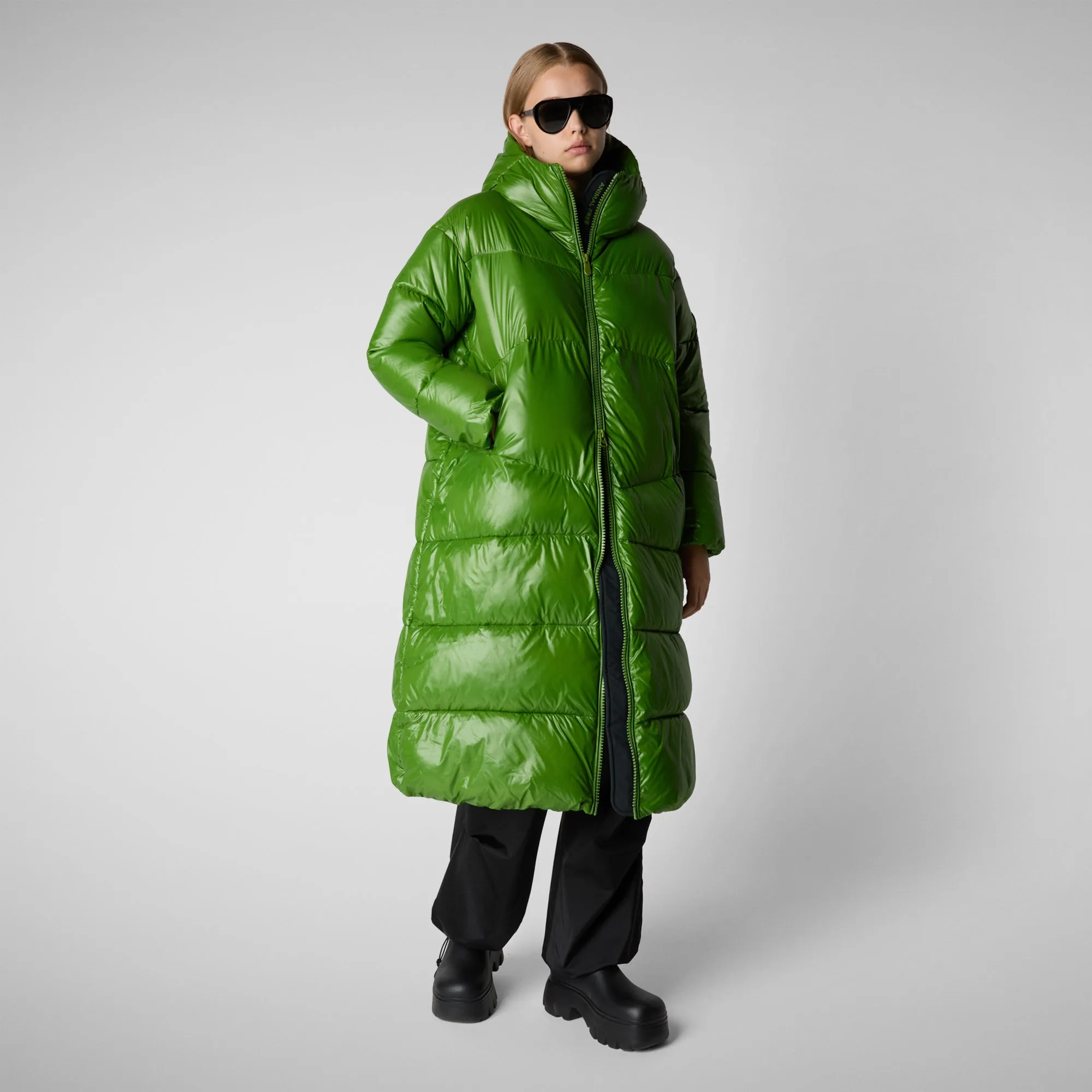 Women's animal free hooded Animal free Puffer jacket Clarice in GRASS GREEN