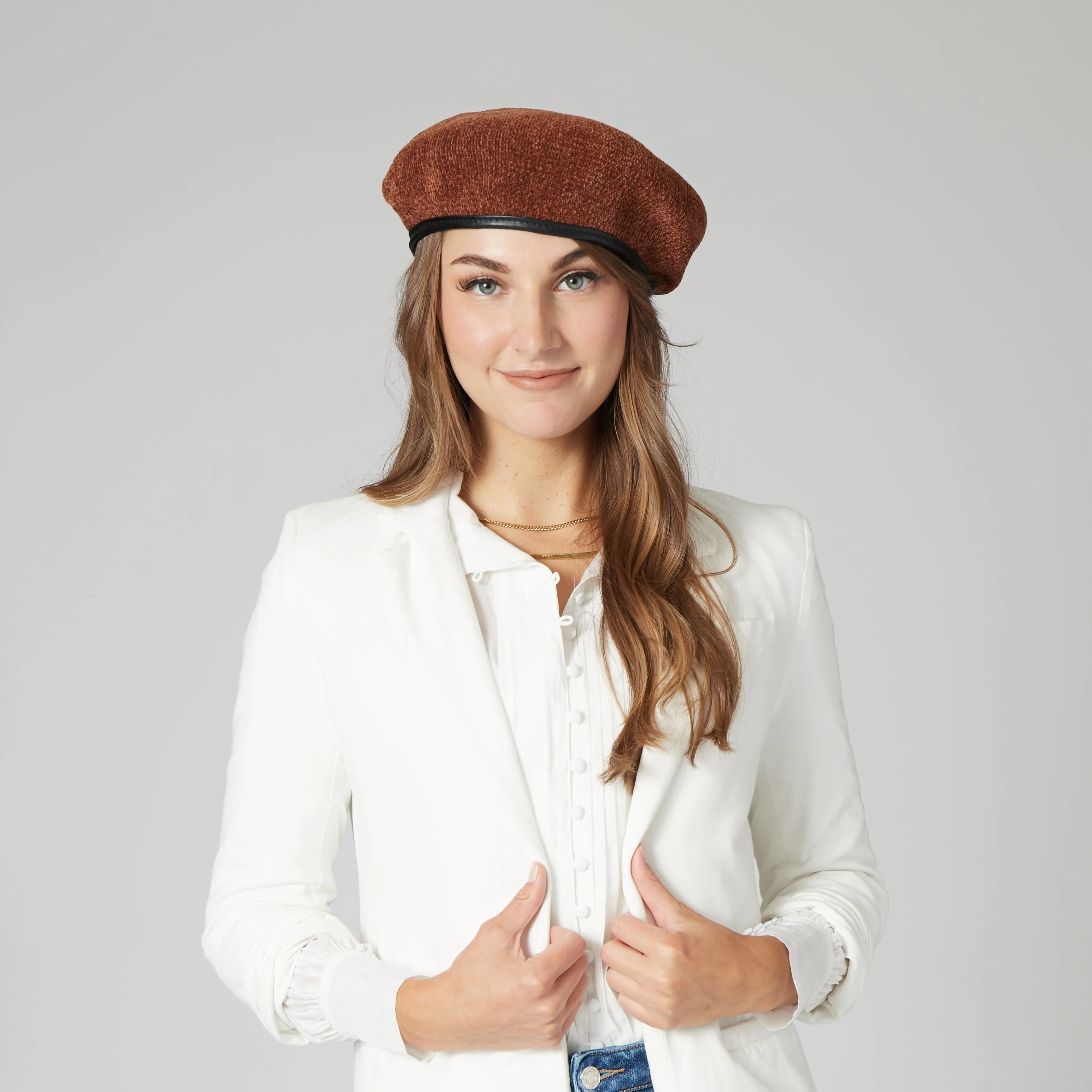 Women's Chenille Beret w/Faux Leather Band